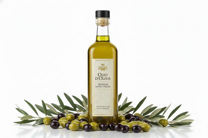 plavc random olives and olive lkeaves areound base of bottle 